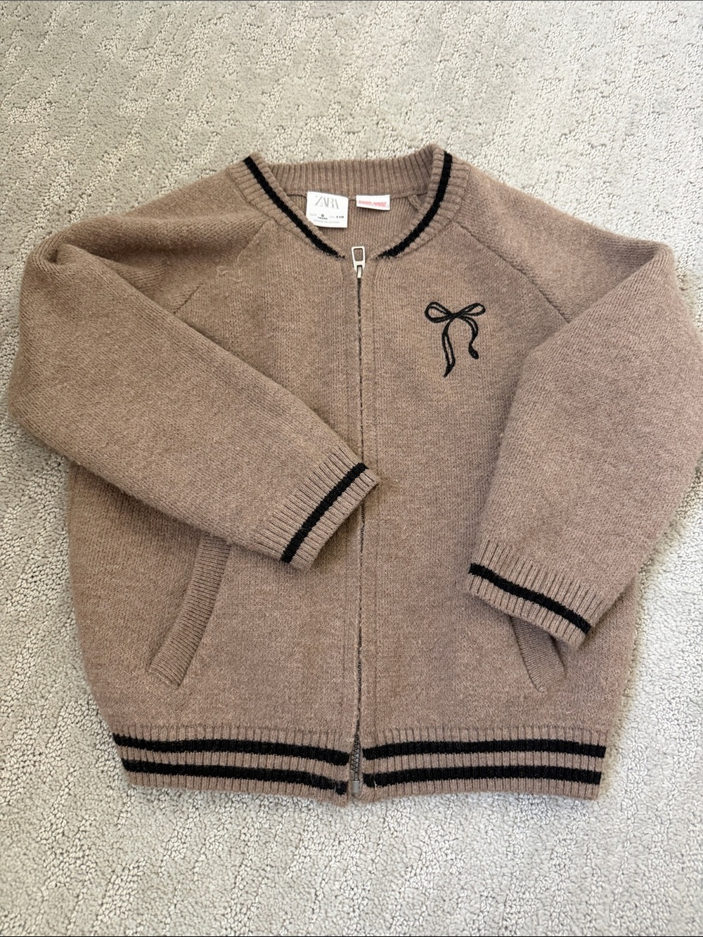 Zara Kids Taupe Knit Zip jacket with Black Trim and Bow